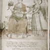 Drawing and text of prophecy of Urban V with a peacock and an angel