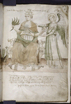 Drawing and text of prophecy of Urban V with a peacock and an angel