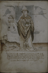 Cleric holding the papal tiara, watched by a human-headed beast who wears a crown