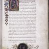 Incipit of main text, coat of arms, initial, floreate border, putti. Hand 1, rustic capitals