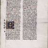 Page of text with initials, rubrics, placemarkers, historiated initial showing Eucharist.