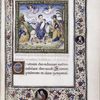 Miniature of Flight into Egypt; floreate border with roundels.  Initials and rubric