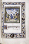 Miniature of Flight into Egypt; floreate border with roundels.  Initials and rubric