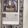 Text with miniature of Christ preaching, floreate border with roundels, initials and rubric