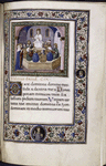 Text with miniature of Christ preaching, floreate border with roundels, initials and rubric