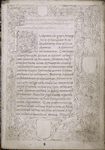 Opening of text with initial and full border including an angel and coats of arms; unfinished.