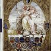 Full page miniature showing "Venice;" coats of arms, four evangelists in border