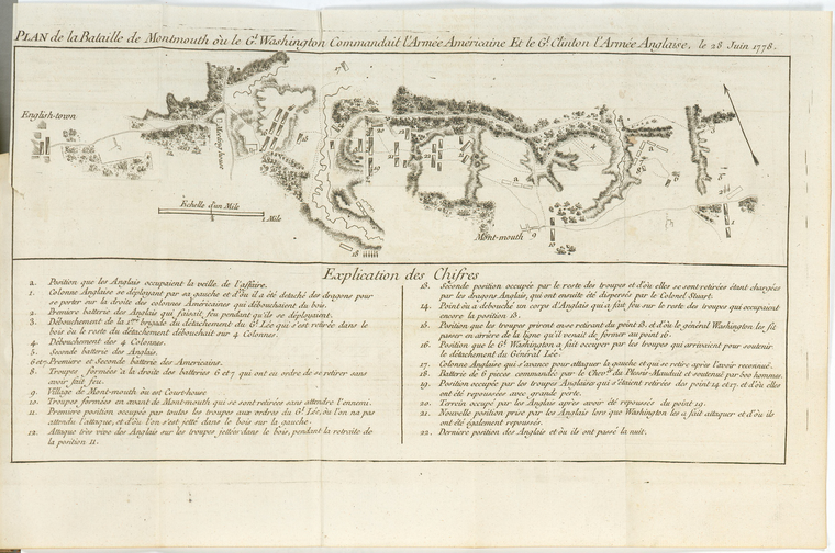 Plan de la Bataille de Montmouth où le Gl. Washington, commandait l'armée Américaine et le Gl. Clinton l'armée Anglaise, le 28 Juin 1778