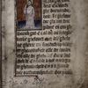 Incipit of main text, in hand 1, with small miniature, border design, initial and red slash placemarkers