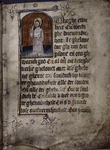 Incipit of main text, in hand 1, with small miniature, border design, initial and red slash placemarkers
