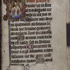 Opening of section in Latin, hand 2, with historiated initial, smaller initials, rubric, border design