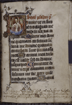 Opening of section in Latin, hand 2, with historiated initial, smaller initials, rubric, border design