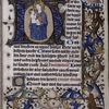 Opening of main text, hand 1, with historiated initial, border with figures of angels, smaller initials, rubrics, placemarkers.