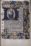 Opening of main text, hand 1, with historiated initial, border with figures of angels, smaller initials, rubrics, placemarkers.