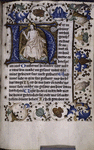 Historiated initial with Christ enthrones and with florate border design and smaller initials, placemarker.