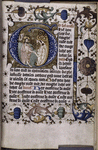 Opening of text in hand 2, historiated initial (Christ in Limbo), border design, initials, rubrics, placemarkers.