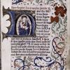 Opening of main text, with large historiated initial, small initials, rubrics, placemarkers, floreate border