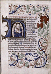 Opening of main text, with large historiated initial, small initials, rubrics, placemarkers, floreate border