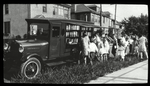 Bronx traveling library, Sept., 1928, parked on a grassy verge