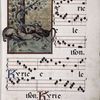 Opening of main text.  Historiated initial, smaller initials, text and music