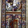 Opening rubric and full-page miniature, including coat of arms and caption continuing "por la gracia de dios"