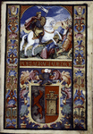 Opening rubric and full-page miniature, including coat of arms and caption continuing "por la gracia de dios"