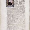 Page of text with historiated initial, pen flourishes