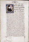 Page of text with historiated initial, pen flourishes