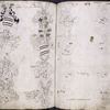 Coats of arms in various stages of drawing -- partially painted, ink drawings only, pencil sketches, notes only