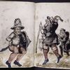 Man with sword and shield, man with cane and lantern, and man in black coat