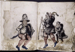 Man with sword and shield, man with cane and lantern, and man in black coat