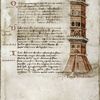 Text with initials, rubrics, and drawing of Tower of Babel