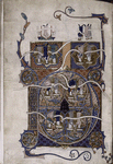 Full-page initial E of Psalm 80, showing scenes from 2 Samuel 14. At the foot of the columns, bas-de-page scenes (lacking ground lines). Scrolls missing text