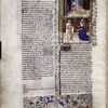 Miniature showing 1. Portia puncturing her left arm at the joint with a knife, while a noble (Brutus) looks on in amazement; 2. Portia kneels before a raging fireplace, placing a hot coal in her mouth.  Initial, rubric and border design.