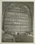 Ashokan Reservoir. Forms for concrete plug, 26 feet thick, in stream-control conduit in Olive Bridge dam. The 6-foot opening at  bottom carries the flow of Esopus creek. Contract 3. August 25, 1913.