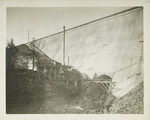 Ashokan Reservoir. Down-stream face of Olive Bridge dam with concreting plant for placing plug in stream-control conduit. Contract 3. November 18, 1913.