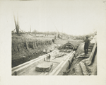 Ashokan Reservoir.  View showing construction of conduit built under the Middle dike to control the flow of the Beaver Kill. Contract 3. August 14. 1908.