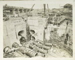 Catskill Aqueduct Headworks. Lower gate-chamber showing terminal of Pressure aqueducts; 48-inch control valves and 60- inch gate valves in place. Manifold valves at right lead to aeration basin. Contract 10. April  16, 1913.