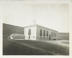 Superstructures. View of Lower gate-chamber superstructure of concrete-stone, at Ashokan reservoir. Note reinforced-concrete roof tiles. Beaver Kill dikes in background. Contracts 124 and 145. August 31, 1917.