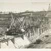 Kensico reservoir. View of down-stream face of dam showing method of placing concrete with travelling derricks. Contract 9. October 30, 1913.