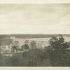 Kensico reservoir.  General view of Kensico dam and reservoir with pool and fountain below dam. Lower Effluent chamber in background. Contract 9. October 25, 1917.