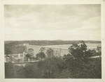 Kensico reservoir.  General view of Kensico dam and reservoir with pool and fountain below dam. Lower Effluent chamber in background. Contract 9. October 25, 1917.