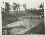 Kensico reservoir. View  showing Waste weir and foot bridge over Waste channel. Contract 9. August 12, 1915.