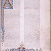Opening of prologue. Large gold initial with white vine stem decoration. Gold rubric on red field. Putto with hands repainted, suggestive of repainting of the entire coat of arms, initialed LB