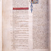 Table of contents and opening of Ptolemy's text. Smaller gold initial with white vine stem. Gold rubrics on red fields