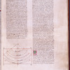 4-line gold initial on pink and green field. Chart, [f. 9r]