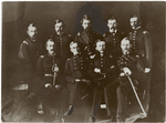 Major Anderson and his officers. (From left to right. Standing: Captain Truman Seymour, Lt. S. W. Syduer, Lt. Jeff. C. Davis, Lt. R. K. Meade, Lt. Theo. Talbot. Sitting: Captain A. Doubleday, Major Robert Anderson, Asst. Surgeon S. W. Crawford, Major John C. Foster.)