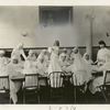 A group of girls making surgical dressings.