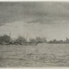 United States destroyer laying down a smoke screen to protect troopships.