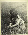 Young girl picking some kind of herb
